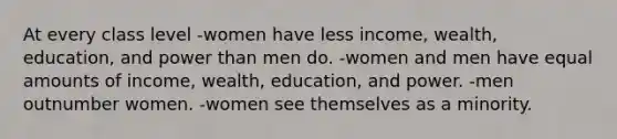 At every class level -women have less income, wealth, education, and power than men do. -women and men have equal amounts of income, wealth, education, and power. -men outnumber women. -women see themselves as a minority.