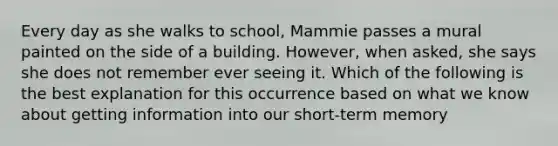 Every day as she walks to school, Mammie passes a mural painted on the side of a building. However, when asked, she says she does not remember ever seeing it. Which of the following is the best explanation for this occurrence based on what we know about getting information into our short-term memory