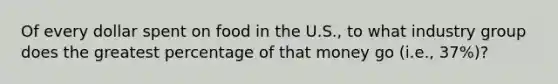 Of every dollar spent on food in the U.S., to what industry group does the greatest percentage of that money go (i.e., 37%)?