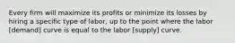 Every firm will maximize its profits or minimize its losses by hiring a specific type of labor, up to the point where the labor [demand] curve is equal to the labor [supply] curve.