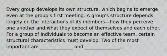 Every group develops its own structure, which begins to emerge even at the group's first meeting. A group's structure depends largely on the interactions of its members—how they perceive one another and what they expect of themselves and each other. For a group of individuals to become an effective team, certain structural characteristics must develop. Two of the most important are ______________ and _______________.