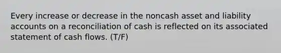 Every increase or decrease in the noncash asset and liability accounts on a reconciliation of cash is reflected on its associated statement of cash flows. (T/F)