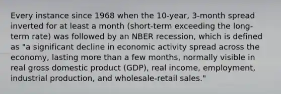 Every instance since 1968 when the 10-year, 3-month spread inverted for at least a month (short-term exceeding the long-term rate) was followed by an NBER recession, which is defined as "a significant decline in economic activity spread across the economy, lasting more than a few months, normally visible in real gross domestic product (GDP), real income, employment, industrial production, and wholesale-retail sales."