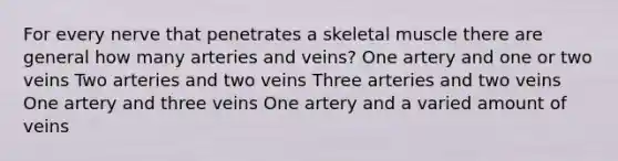 For every nerve that penetrates a skeletal muscle there are general how many arteries and veins? One artery and one or two veins Two arteries and two veins Three arteries and two veins One artery and three veins One artery and a varied amount of veins