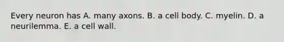 Every neuron has A. many axons. B. a cell body. C. myelin. D. a neurilemma. E. a cell wall.