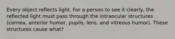 Every object reflects light. For a person to see it clearly, the reflected light must pass through the intraocular structures (cornea, anterior humor, pupils, lens, and vitreous humor). These structures cause what?