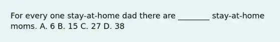 For every one stay-at-home dad there are ________ stay-at-home moms. A. 6 B. 15 C. 27 D. 38