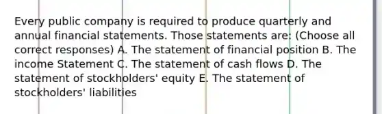 Every public company is required to produce quarterly and annual financial statements. Those statements are: (Choose all correct responses) A. The statement of financial position B. The income Statement C. The statement of cash flows D. The statement of stockholders' equity E. The statement of stockholders' liabilities