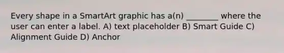 Every shape in a SmartArt graphic has a(n) ________ where the user can enter a label. A) text placeholder B) Smart Guide C) Alignment Guide D) Anchor