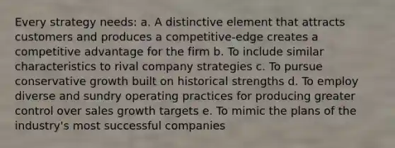 Every strategy needs: a. A distinctive element that attracts customers and produces a competitive-edge creates a competitive advantage for the firm b. To include similar characteristics to rival company strategies c. To pursue conservative growth built on historical strengths d. To employ diverse and sundry operating practices for producing greater control over sales growth targets e. To mimic the plans of the industry's most successful companies