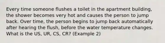 Every time someone flushes a toilet in the apartment building, the shower becomes very hot and causes the person to jump back. Over time, the person begins to jump back automatically after hearing the flush, before the water temperature changes. What is the US, UR, CS, CR? (Example 2)