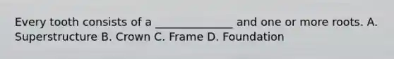 Every tooth consists of a ______________ and one or more roots. A. Superstructure B. Crown C. Frame D. Foundation