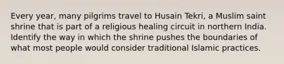 Every year, many pilgrims travel to Husain Tekri, a Muslim saint shrine that is part of a religious healing circuit in northern India. Identify the way in which the shrine pushes the boundaries of what most people would consider traditional Islamic practices.