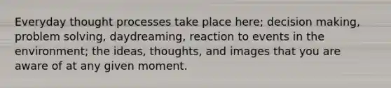 Everyday thought processes take place here; decision making, problem solving, daydreaming, reaction to events in the environment; the ideas, thoughts, and images that you are aware of at any given moment.