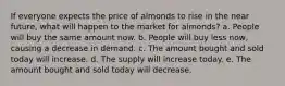 If everyone expects the price of almonds to rise in the near future, what will happen to the market for almonds? a. People will buy the same amount now. b. People will buy less now, causing a decrease in demand. c. The amount bought and sold today will increase. d. The supply will increase today. e. The amount bought and sold today will decrease.