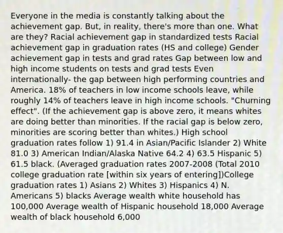 Everyone in the media is constantly talking about the achievement gap. But, in reality, there's more than one. What are they? Racial achievement gap in standardized tests Racial achievement gap in graduation rates (HS and college) Gender achievement gap in tests and grad rates Gap between low and high income students on tests and grad tests Even internationally- the gap between high performing countries and America. 18% of teachers in low income schools leave, while roughly 14% of teachers leave in high income schools. "Churning effect". (If the achievement gap is above zero, it means whites are doing better than minorities. If the racial gap is below zero, minorities are scoring better than whites.) High school graduation rates follow 1) 91.4 in Asian/Pacific Islander 2) White 81.0 3) American Indian/Alaska Native 64.2 4) 63.5 Hispanic 5) 61.5 black. (Averaged graduation rates 2007-2008 (Total 2010 college graduation rate [within six years of entering])College graduation rates 1) Asians 2) Whites 3) Hispanics 4) N. Americans 5) blacks Average wealth white household has 100,000 Average wealth of Hispanic household 18,000 Average wealth of black household 6,000