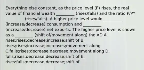 Everything else constant, as the price level (P) rises, the real value of financial wealth _________ (rises/falls) and the ratio P/P* _________ (rises/falls). A higher price level would _________ (increase/decrease) consumption and _________ (increase/decrease) net exports. The higher price level is shown as a _________ (shift of/movement along) the AD A. rises;rises;decrease;increase;shift of B. rises;rises;increase;increases;movement along C.falls;rises;decrease;decrease;movement along D. falls;rises;decrease;decrease;shift of E. rises:falls;decrease;decrease;shift of