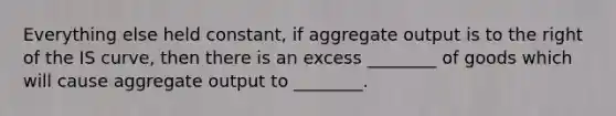 Everything else held​ constant, if aggregate output is to the right of the IS​ curve, then there is an excess​ ________ of goods which will cause aggregate output to​ ________.