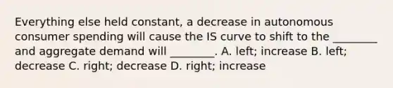 Everything else held​ constant, a decrease in autonomous consumer spending will cause the IS curve to shift to the​ ________ and aggregate demand will​ ________. A. ​left; increase B. ​left; decrease C. ​right; decrease D. ​right; increase