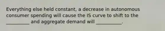 Everything else held constant, a decrease in autonomous consumer spending will cause the IS curve to shift to the __________ and aggregate demand will ___________.