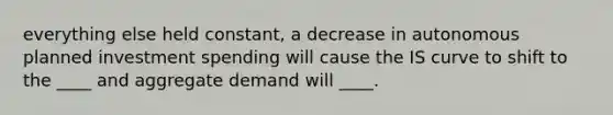 everything else held constant, a decrease in autonomous planned investment spending will cause the IS curve to shift to the ____ and aggregate demand will ____.