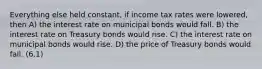 Everything else held constant, if income tax rates were lowered, then A) the interest rate on municipal bonds would fall. B) the interest rate on Treasury bonds would rise. C) the interest rate on municipal bonds would rise. D) the price of Treasury bonds would fall. (6.1)