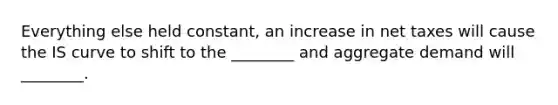 Everything else held​ constant, an increase in net taxes will cause the IS curve to shift to the​ ________ and aggregate demand will​ ________.