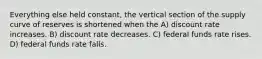 Everything else held constant, the vertical section of the supply curve of reserves is shortened when the A) discount rate increases. B) discount rate decreases. C) federal funds rate rises. D) federal funds rate falls.