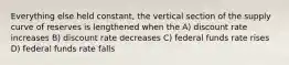 Everything else held constant, the vertical section of the supply curve of reserves is lengthened when the A) discount rate increases B) discount rate decreases C) federal funds rate rises D) federal funds rate falls