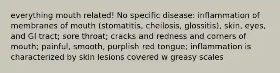 everything mouth related! No specific disease: inflammation of membranes of mouth (stomatitis, cheilosis, glossitis), skin, eyes, and GI tract; sore throat; cracks and redness and corners of mouth; painful, smooth, purplish red tongue; inflammation is characterized by skin lesions covered w greasy scales