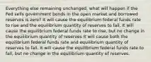 Everything else remaining unchanged, what will happen if the Fed sells government bonds in the open market and borrowed reserves is zero? It will cause the equilibrium federal funds rate to rise and the equilibrium quantity of reserves to fall. It will cause the equilibrium federal funds rate to rise, but no change in the equilibrium quantity of reserves It will cause both the equilibrium federal funds rate and equilibrium quantity of reserves to fall. It will cause the equilibrium federal funds rate to fall, but no change in the equilibrium quantity of reserves.