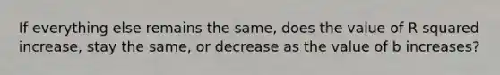 If everything else remains the same, does the value of R squared increase, stay the same, or decrease as the value of b increases?