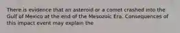 There is evidence that an asteroid or a comet crashed into the Gulf of Mexico at the end of the Mesozoic Era. Consequences of this impact event may explain the