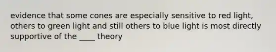 evidence that some cones are especially sensitive to red light, others to green light and still others to blue light is most directly supportive of the ____ theory