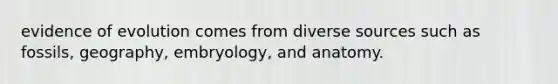 evidence of evolution comes from diverse sources such as fossils, geography, embryology, and anatomy.