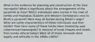 What is the evidence for planning and construction of the Giza necropolis? What is significant about the arrangement of the pyramids at Giza? Which individuals were buried in the rows of tombs and mastabas (Eastern and Western Cemeteries) next to Khufu's pyramid? Were they all buried during Khufu's reign? What are some characteristics of these individuals and their tombs? How have some of these tombs been treated by past collectors/archaeologists? Is removal of tomb chapels and reliefs from tombs ethical today? Were all of these removals done legally and ethically in the 1800s-1900s?