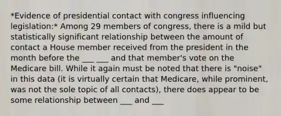 *Evidence of presidential contact with congress influencing legislation:* Among 29 members of congress, there is a mild but statistically significant relationship between the amount of contact a House member received from the president in the month before the ___ ___ and that member's vote on the Medicare bill. While it again must be noted that there is "noise" in this data (it is virtually certain that Medicare, while prominent, was not the sole topic of all contacts), there does appear to be some relationship between ___ and ___