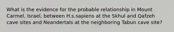 What is the evidence for the probable relationship in Mount Carmel, Israel, between H.s.sapiens at the Skhul and Qafzeh cave sites and Neandertals at the neighboring Tabun cave site?