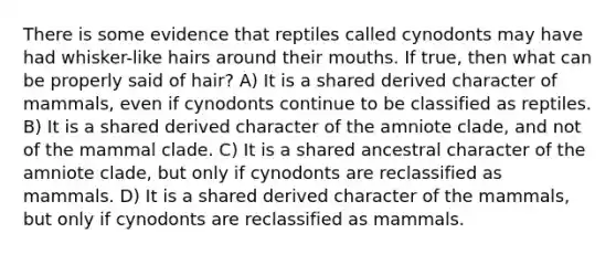 There is some evidence that reptiles called cynodonts may have had whisker-like hairs around their mouths. If true, then what can be properly said of hair? A) It is a shared derived character of mammals, even if cynodonts continue to be classified as reptiles. B) It is a shared derived character of the amniote clade, and not of the mammal clade. C) It is a shared ancestral character of the amniote clade, but only if cynodonts are reclassified as mammals. D) It is a shared derived character of the mammals, but only if cynodonts are reclassified as mammals.