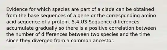 Evidence for which species are part of a clade can be obtained from the base sequences of a gene or the corresponding amino acid sequence of a protein. 5.4.U3 Sequence differences accumulate gradually so there is a positive correlation between the number of differences between two species and the time since they diverged from a common ancestor.