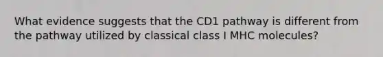 What evidence suggests that the CD1 pathway is different from the pathway utilized by classical class I MHC molecules?