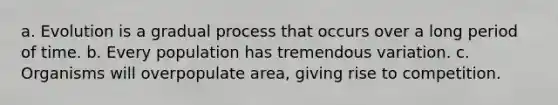 a. Evolution is a gradual process that occurs over a long period of time. b. Every population has tremendous variation. c. Organisms will overpopulate area, giving rise to competition.