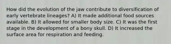 How did the evolution of the jaw contribute to diversification of early vertebrate lineages? A) It made additional food sources available. B) It allowed for smaller body size. C) It was the first stage in the development of a bony skull. D) It increased the surface area for respiration and feeding.