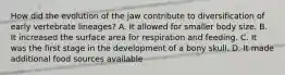 How did the evolution of the jaw contribute to diversification of early vertebrate lineages? A. It allowed for smaller body size. B. It increased the surface area for respiration and feeding. C. It was the first stage in the development of a bony skull. D. It made additional food sources available