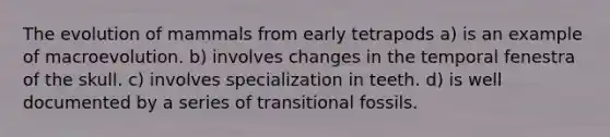 The evolution of mammals from early tetrapods a) is an example of macroevolution. b) involves changes in the temporal fenestra of the skull. c) involves specialization in teeth. d) is well documented by a series of transitional fossils.