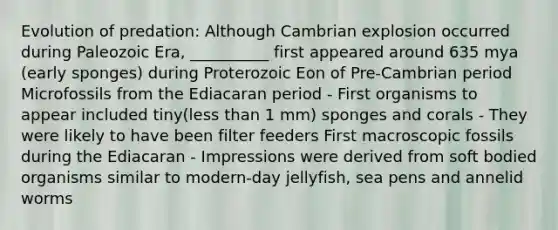 Evolution of predation: Although Cambrian explosion occurred during Paleozoic Era, __________ first appeared around 635 mya (early sponges) during Proterozoic Eon of Pre-Cambrian period Microfossils from the Ediacaran period - First organisms to appear included tiny(<a href='https://www.questionai.com/knowledge/k7BtlYpAMX-less-than' class='anchor-knowledge'>less than</a> 1 mm) sponges and corals - They were likely to have been filter feeders First macroscopic fossils during the Ediacaran - Impressions were derived from soft bodied organisms similar to modern-day jellyfish, sea pens and annelid worms