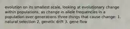 evolution on its smallest scale, looking at evolutionary change within populations, as change in allele frequencies in a population over generations three things that cause change: 1. natural selection 2. genetic drift 3. gene flow