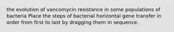 the evolution of vancomycin resistance in some populations of bacteria Place the steps of bacterial horizontal gene transfer in order from first to last by dragging them in sequence.