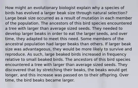 How might an evolutionary biologist explain why a species of birds has evolved a larger beak size through natural selection? Large beak size occurred as a result of mutation in each member of the population. The ancestors of this bird species encountered a tree with larger than average sized seeds. They needed to develop larger beaks in order to eat the larger seeds, and over time, they adapted to meet this need. Some members of the ancestral population had larger beaks than others. If larger beak size was advantageous, they would be more likely to survive and reproduce. As such, large beaked birds increased in frequency relative to small beaked birds. The ancestors of this bird species encountered a tree with larger than average sized seeds. They discovered that by stretching their beaks, the beaks would get longer, and this increase was passed on to their offspring. Over time, the bird beaks became larger.