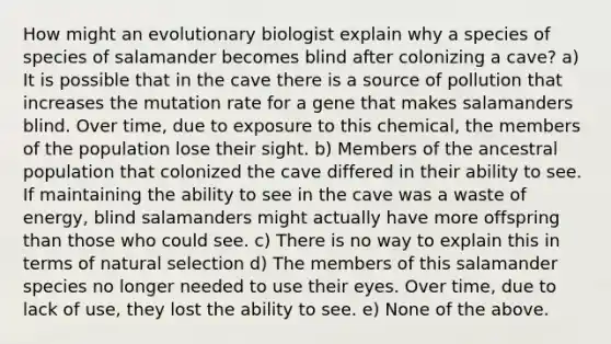 How might an evolutionary biologist explain why a species of species of salamander becomes blind after colonizing a cave? a) It is possible that in the cave there is a source of pollution that increases the mutation rate for a gene that makes salamanders blind. Over time, due to exposure to this chemical, the members of the population lose their sight. b) Members of the ancestral population that colonized the cave differed in their ability to see. If maintaining the ability to see in the cave was a waste of energy, blind salamanders might actually have more offspring than those who could see. c) There is no way to explain this in terms of natural selection d) The members of this salamander species no longer needed to use their eyes. Over time, due to lack of use, they lost the ability to see. e) None of the above.